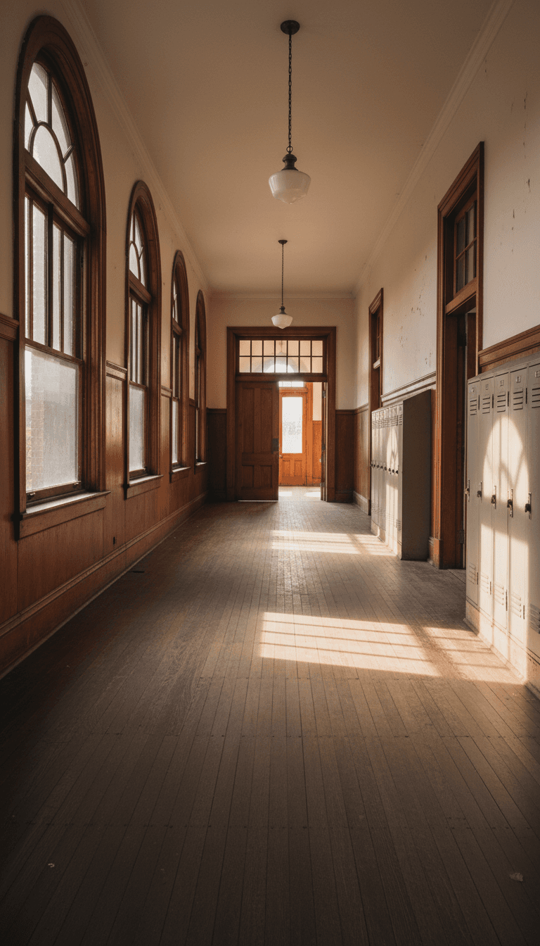 Empty school corridor with worn wooden floors and late afternoon light