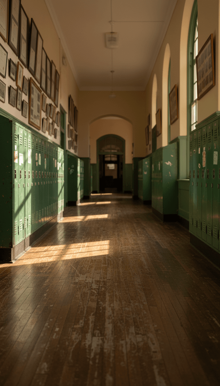 Empty school corridor with worn wooden floors and late afternoon light