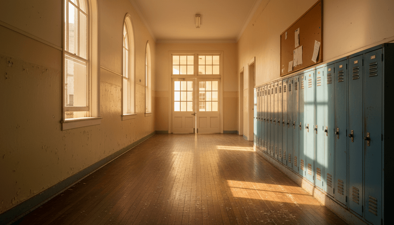 Empty school corridor with worn wooden floors and late afternoon light