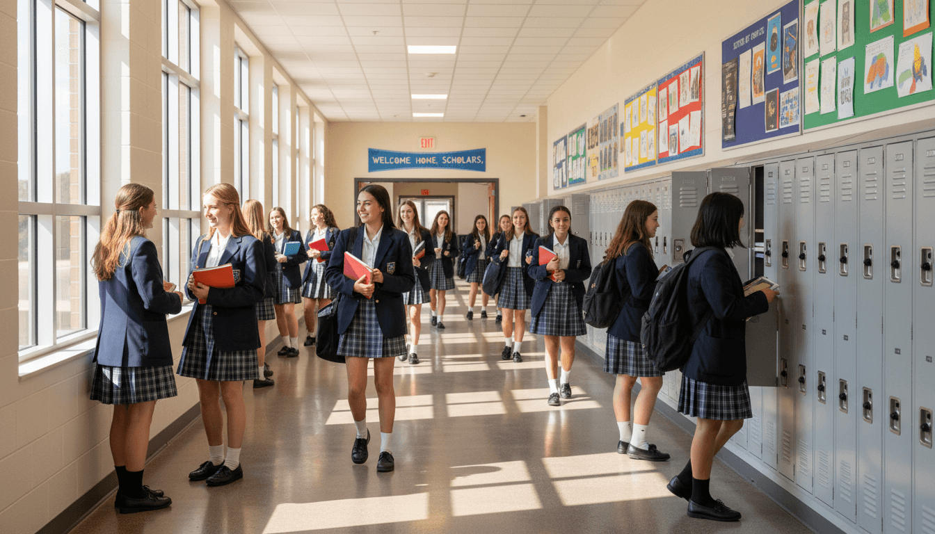 Empty school corridor with worn wooden floors and late afternoon light