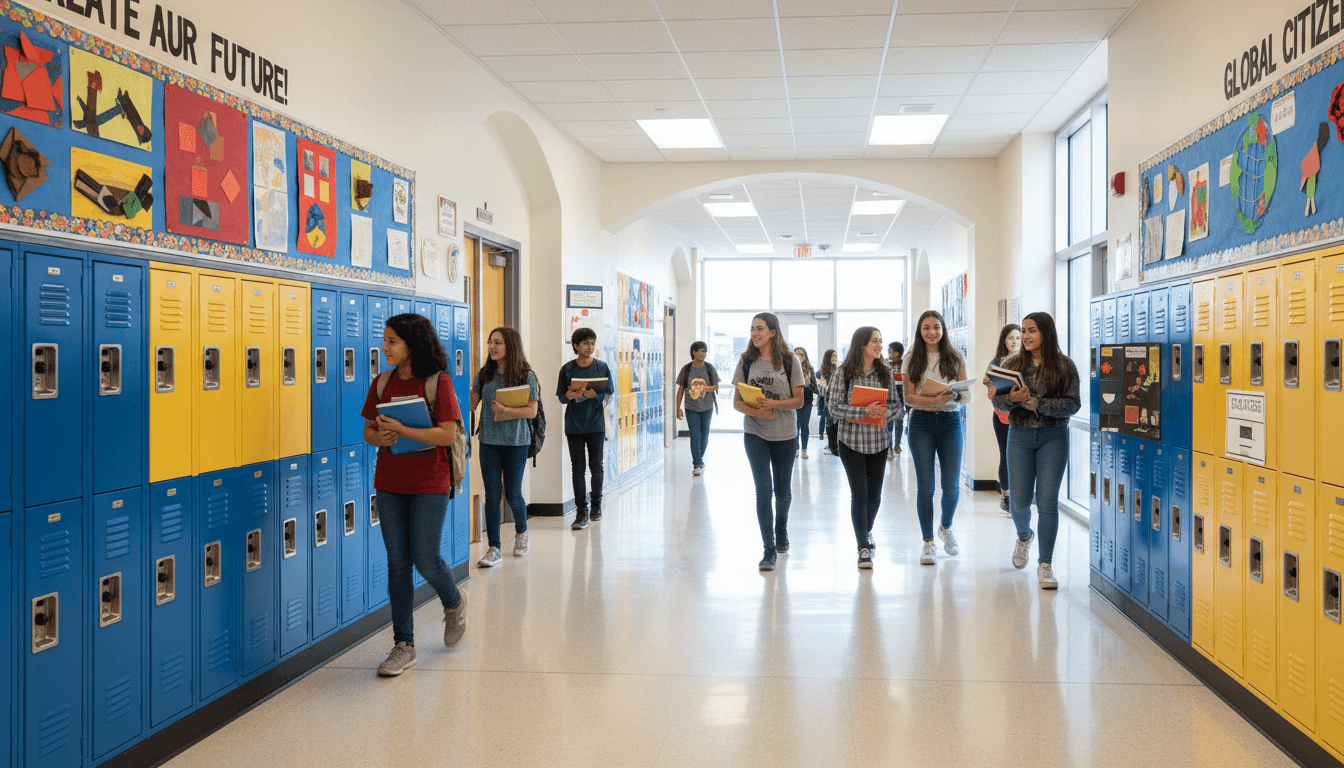 A quiet school corridor with worn wooden floors and late afternoon light